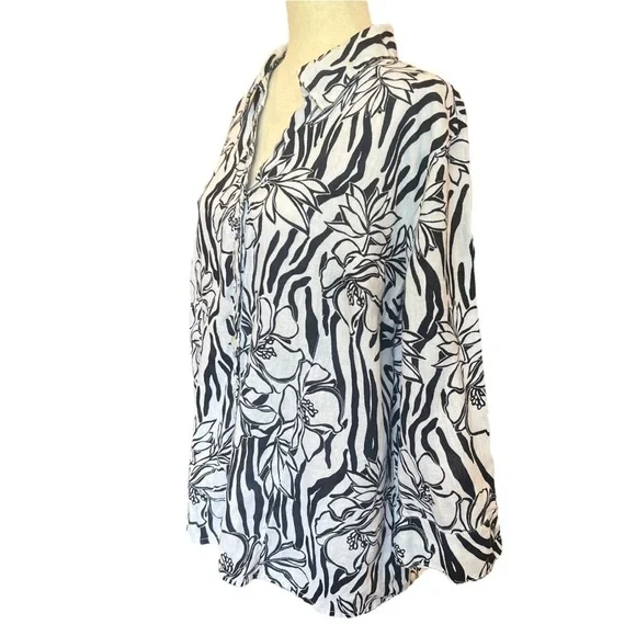 Abstract 100% Linen Floral Zebra Button Up Top Sz 18 2X Tropical Vacation Artsy - Picture 5 of 8